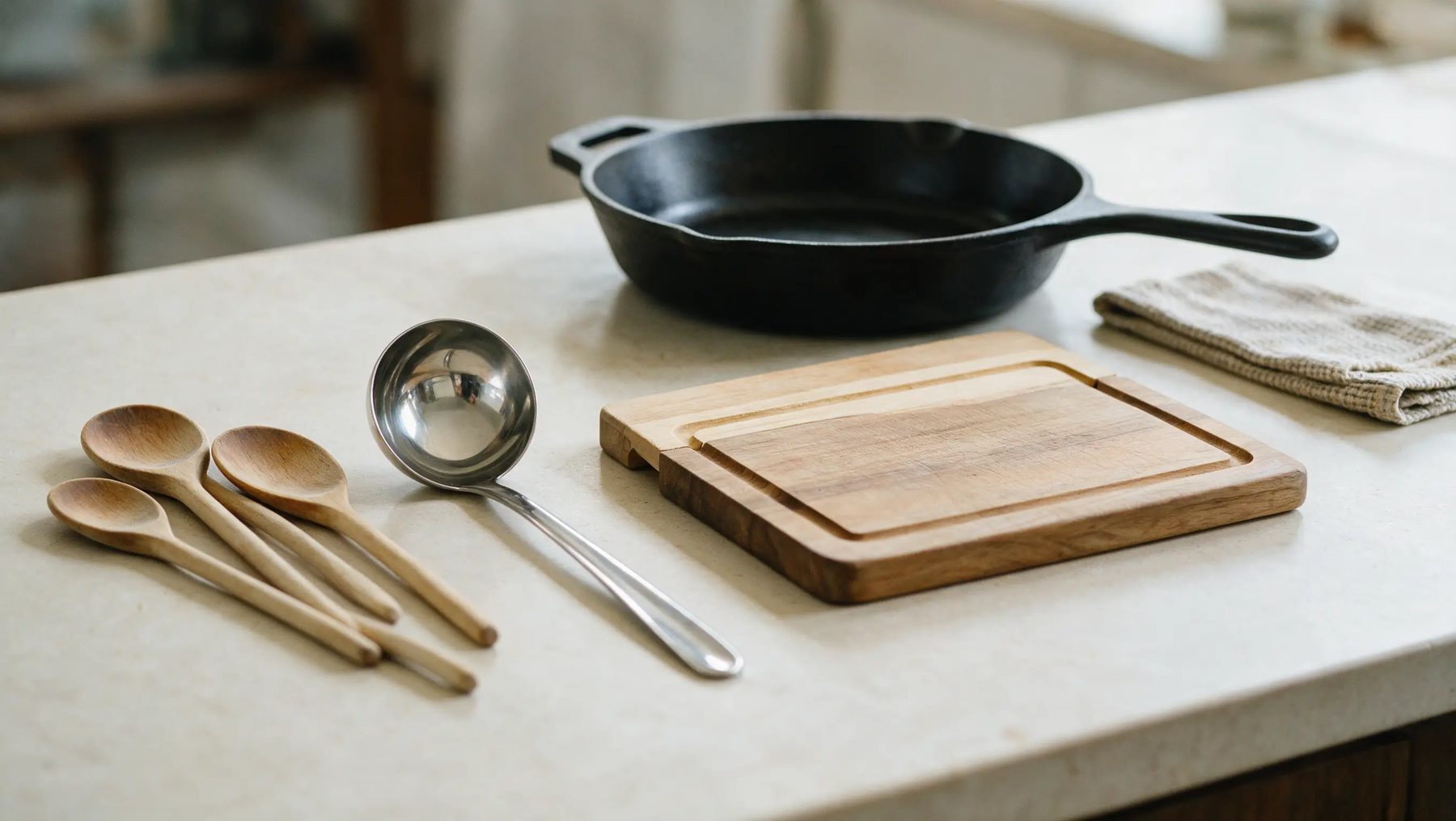 Prep counter with spoons, board and cast iron pan